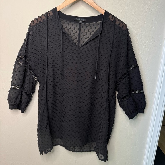 OHNE TITLE Rare Sheer Swiss Dot Loose Fit Black Blouse Tie Neck 3/4 Sleeves Sz 6 - Picture 8 of 15